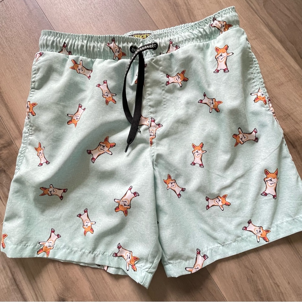 Surf Society Men’s Drawstring Swim Trunks Corgi Dabbing Fun Print Size M